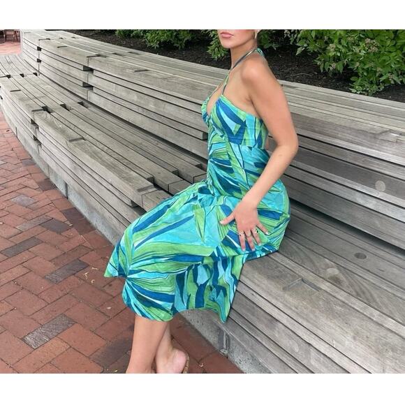 H&M Green Blue Printed Halter V-Neck Midi Dress Size M A-line Spring Summer New - Picture 2 of 9